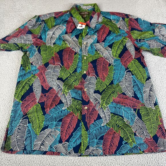 Cooke Street Shirt Mens XXL Green Blue Palm Leaf Short Sleeve Pocket Hawaiian - Picture 1 of 8